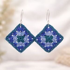 Handmade Crochet Granny Square Dangle Earrings Blue Teal Boho 2 Inch Lightweight